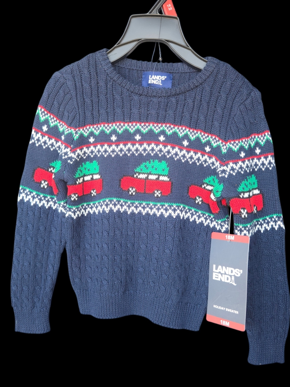 NWT Lands' End Navy Cable-Knit Crewneck Sweater w/Holiday Motif Sz 18 mos